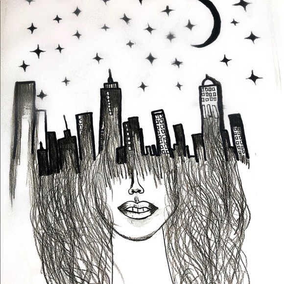 Drawing. Girl with city coming out of head. - Picture 1 of 1